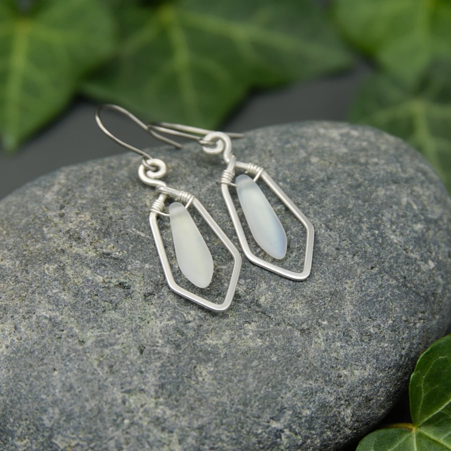 Hammered Sterling Silver Earrings with Frosted White AB Glass Dagger Beads