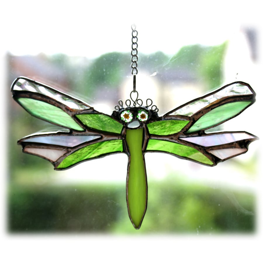 Dragonfly Suncatcher Lime Green Handmade Stained Glass 