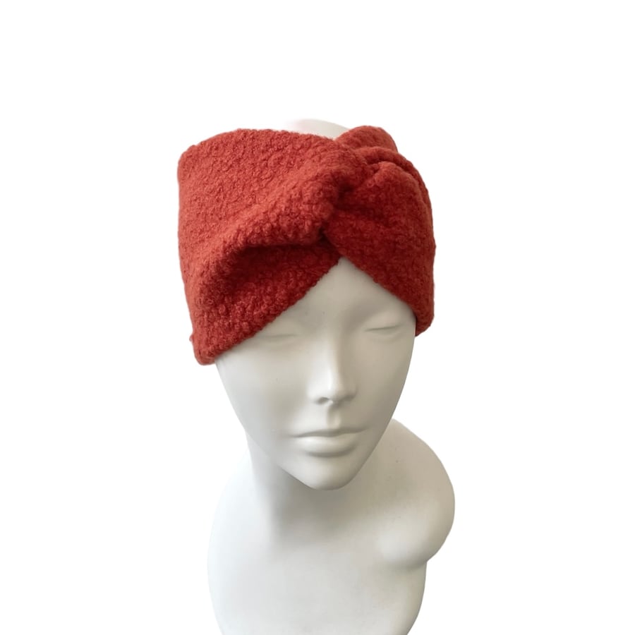 Satin lined ear warmer headband, Rust orange boucle fleece chunky headwrap 