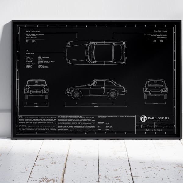 1965 MG MGB GT Blueprint, Classic Car, Wall Art... - Folksy