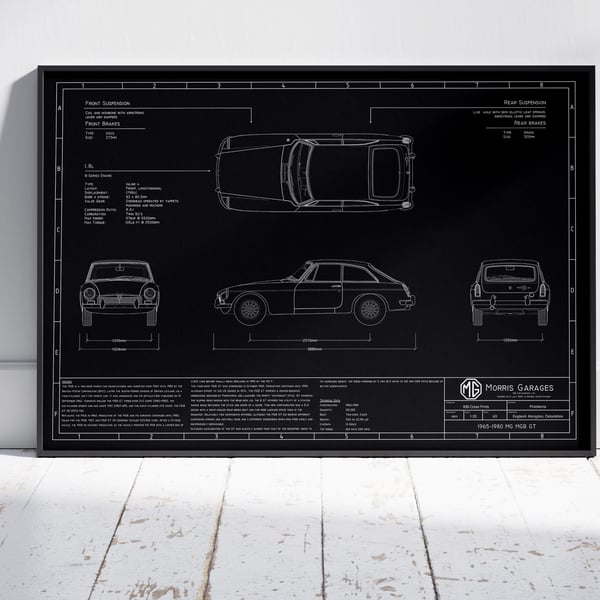 1965 MG MGB GT Blueprint, Classic Car, Wall Art, Exclusive Print