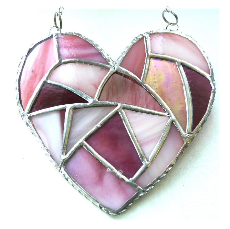 Fat Patchwork Heart Suncatcher Pink Stained Glass Handmade 