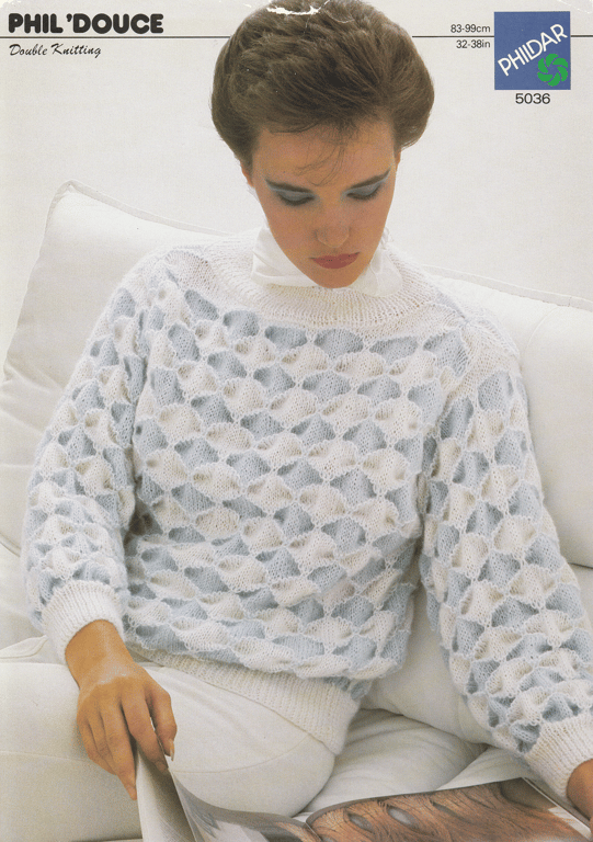 VINTAGE KNITTING PATTERN Ladies Phildar Blue White Sweater 