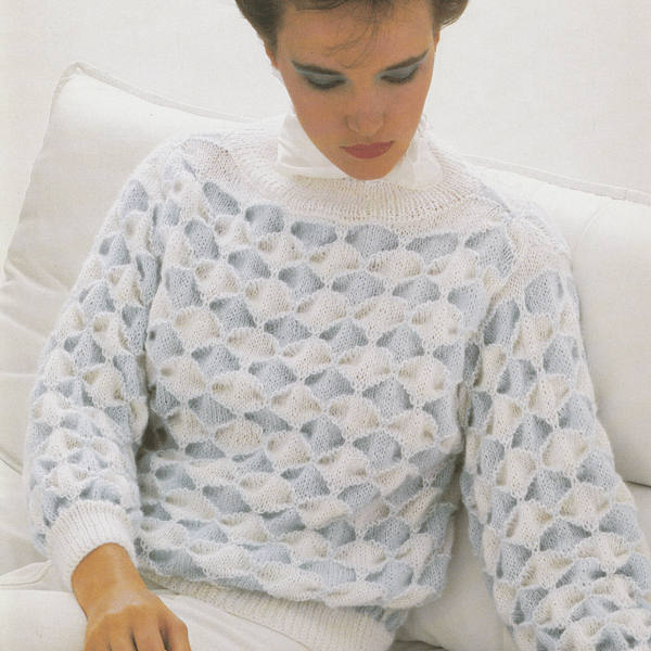 VINTAGE KNITTING PATTERN Ladies Phildar Blue White Sweater 