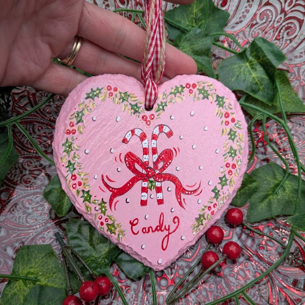 Candy cane hand-painted slate heart decoration