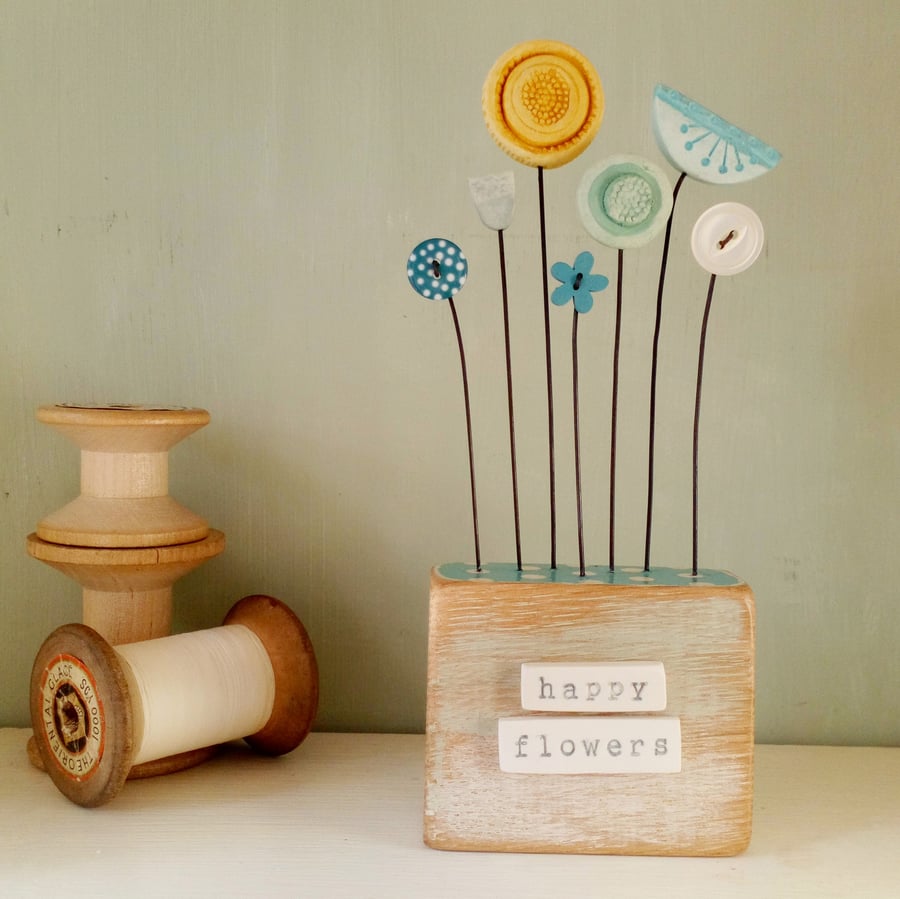  Large button and clay flower garden 'happy flowers'