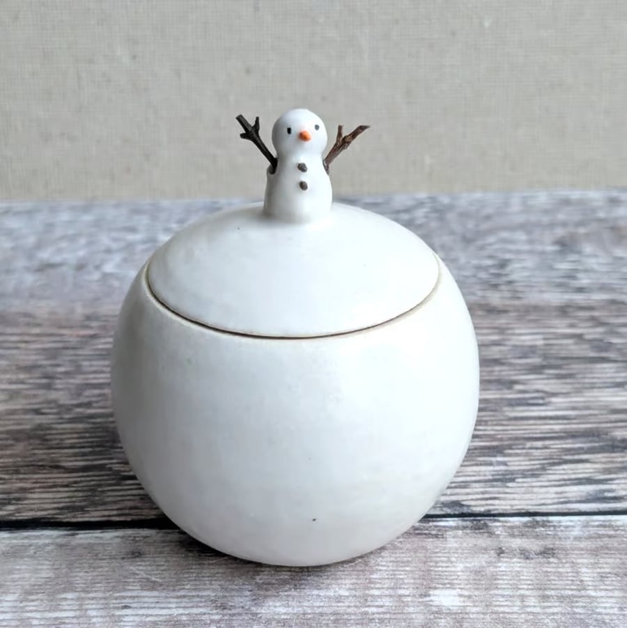 Very small handmade ceramic snowball lidded pot, mini snowman with twig arms