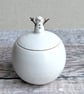 Very small handmade ceramic snowball lidded pot, mini snowman with twig arms