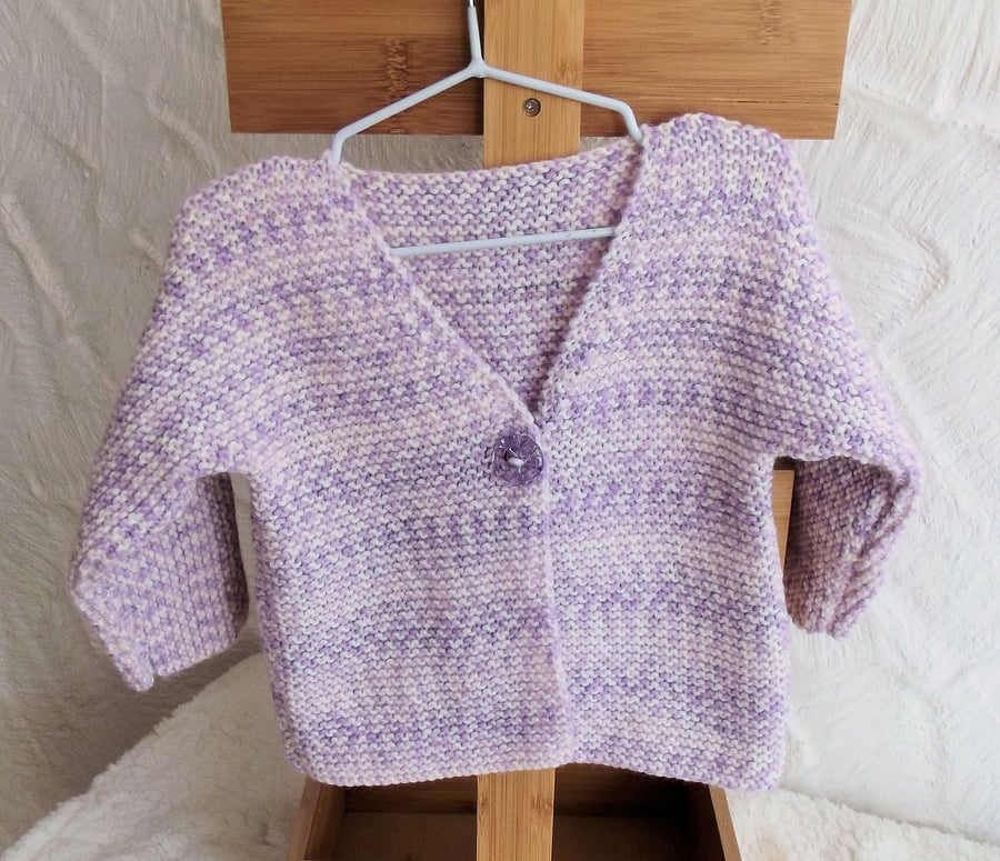 Babies Handknitted Jacket Cardigan, Lilac and White, 6 to 12 monthes, hm82