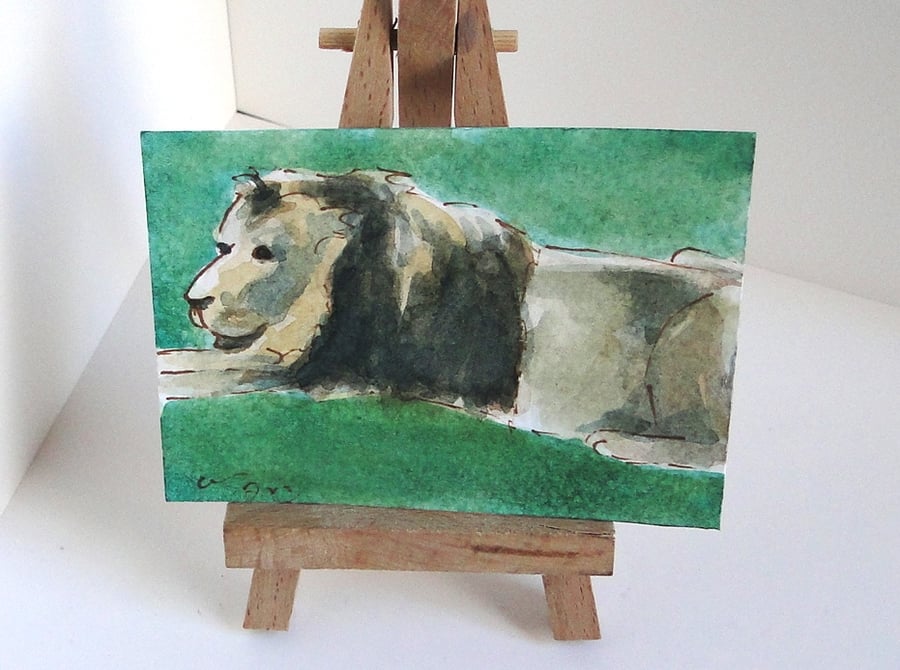 ACEO Animal Art Lion Relax Original Watercolour and Ink Painting OOAK Cat 