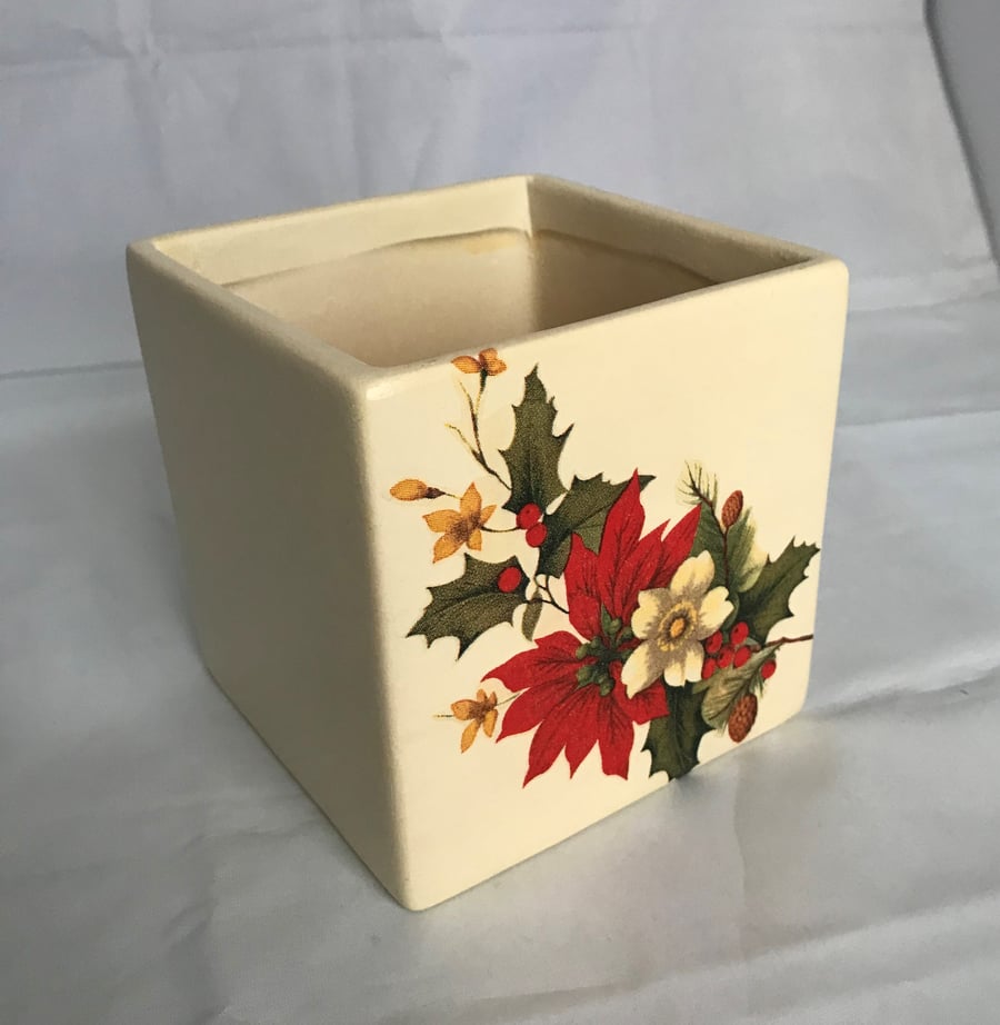 Christmas Poinsettia Plant Pot Small Square Ceramic Decorated