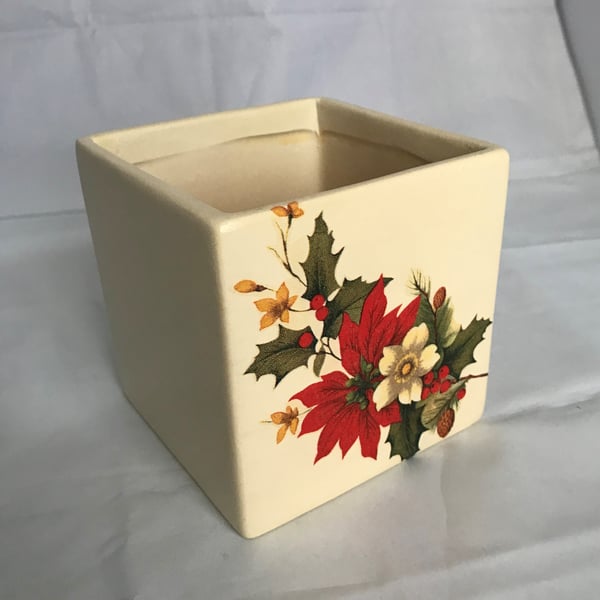 Christmas Poinsettia Plant Pot Small Square Ceramic Decorated