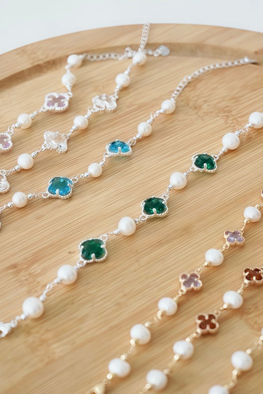 Four leaf Clover and Pearl Silver Bracelet