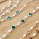 Four leaf Clover and Pearl Silver Bracelet