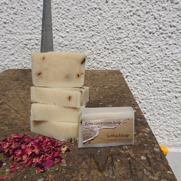 Rose Geranium soap, floral luxurious, handmade, natural, vegan and plastic free.