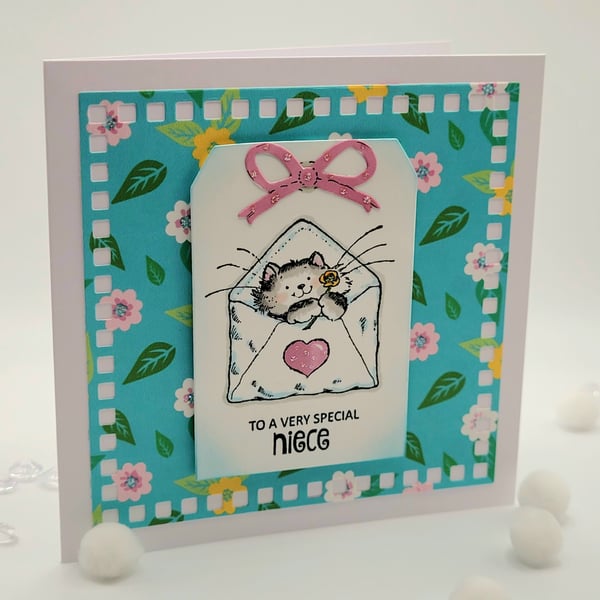 Niece Birthday Card - Handmade cards, kitten, flowers 