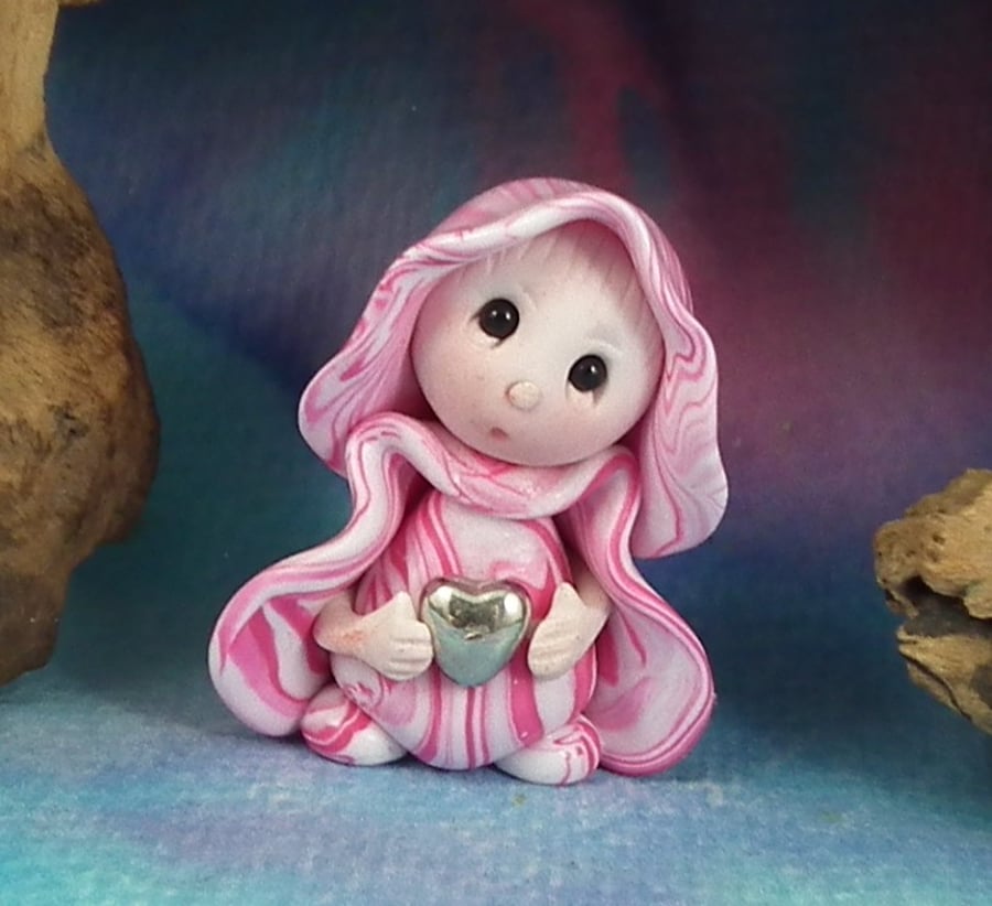 Sale Tiny Valentine Gnome 'Verity' with silver heart OOAK Sculpt by Ann Galvin