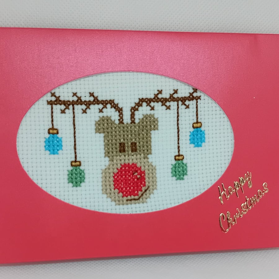 Handmade Christmas Greetings Card with Envelope - Cross Stitch