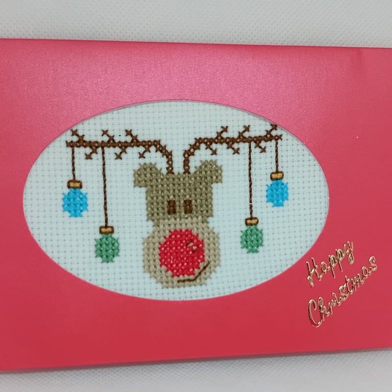 Handmade Christmas Greetings Card with Envelope - Cross Stitch