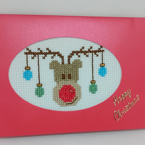Handmade Christmas Greetings Card with Envelope - Cross Stitch