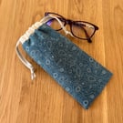 Glasses case, sunglasses pouch, padded, with drawstring,  in blue paisley cotton