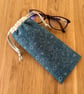 Glasses case, sunglasses pouch, padded, with drawstring,  in blue paisley cotton