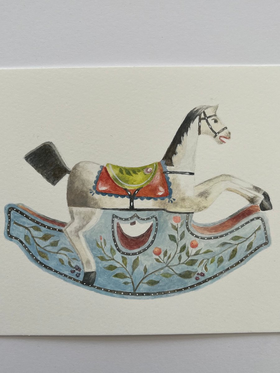 Old rocking horse original gouache painting 