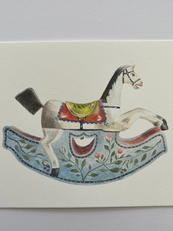 Old rocking horse original gouache painting 