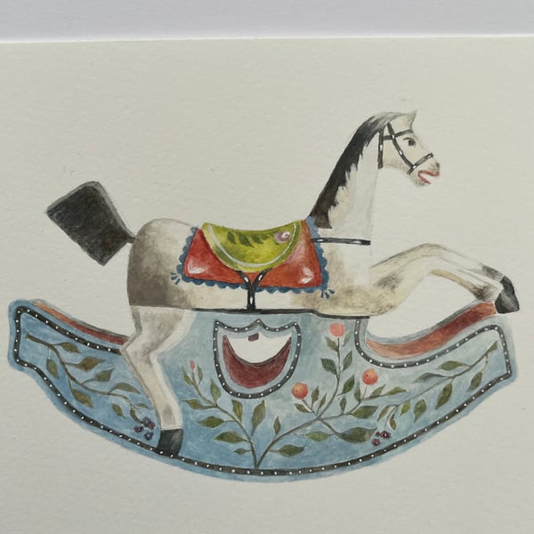 Old rocking horse original gouache painting 