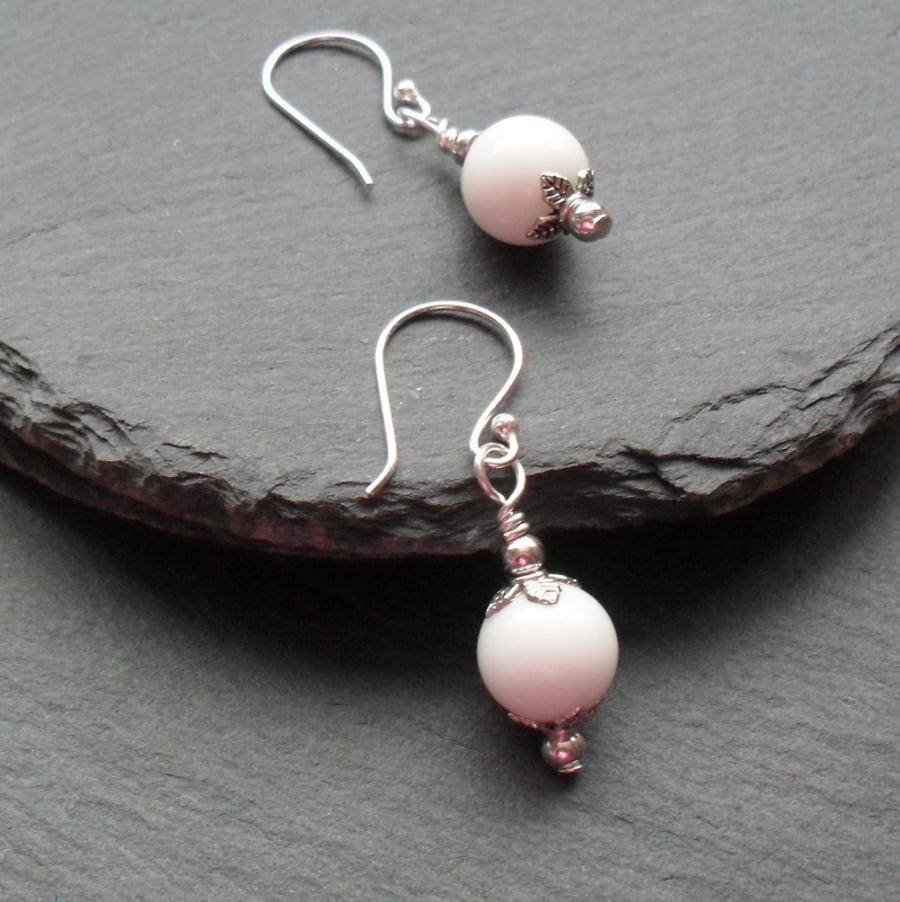 White Agate Drop Earrings Silver Plate