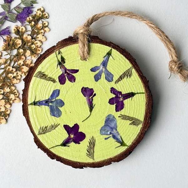 Real Pressed Lobelia Wood Slice Hanging Hand Painted Rustic Décor