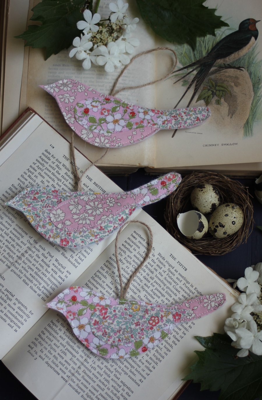 Fabric bird trio in Liberty pale pinks