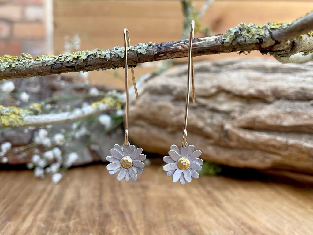 Handmade Gold & Silver Daisy Drop Earrings
