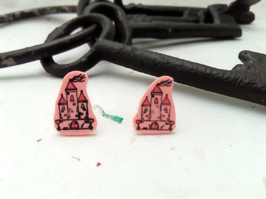 Pink Castle stud earrings hand stamped and coloured