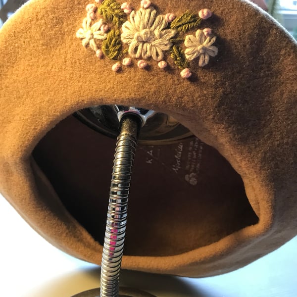 Taupe Preloved Kangol Beret with embellished embroidery added.