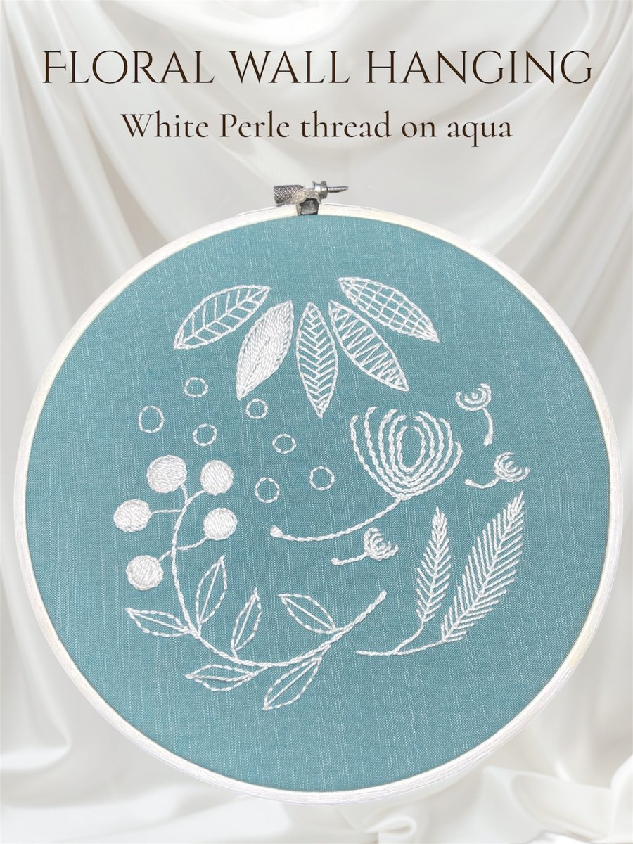 Hand embroidered floral hoop wall hangin in bright white and aqua coastal decor 