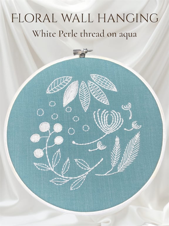 Hand embroidered floral hoop wall hangin in bright white and aqua coastal decor 