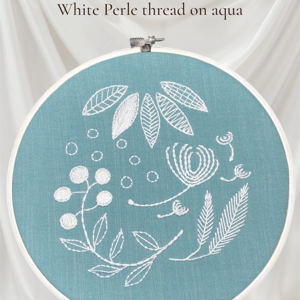 Hand embroidered floral hoop wall hangin in bright white and aqua coastal decor 