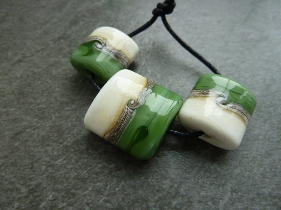 lampwork glass beads, green and ivory set
