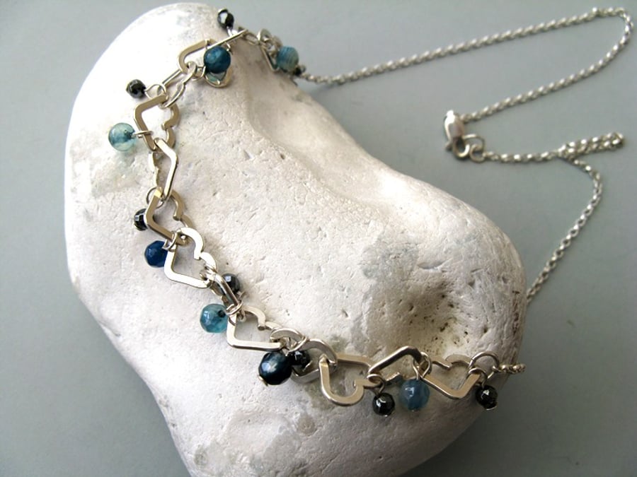 Sterling silver heart necklace with haematite and blue agate