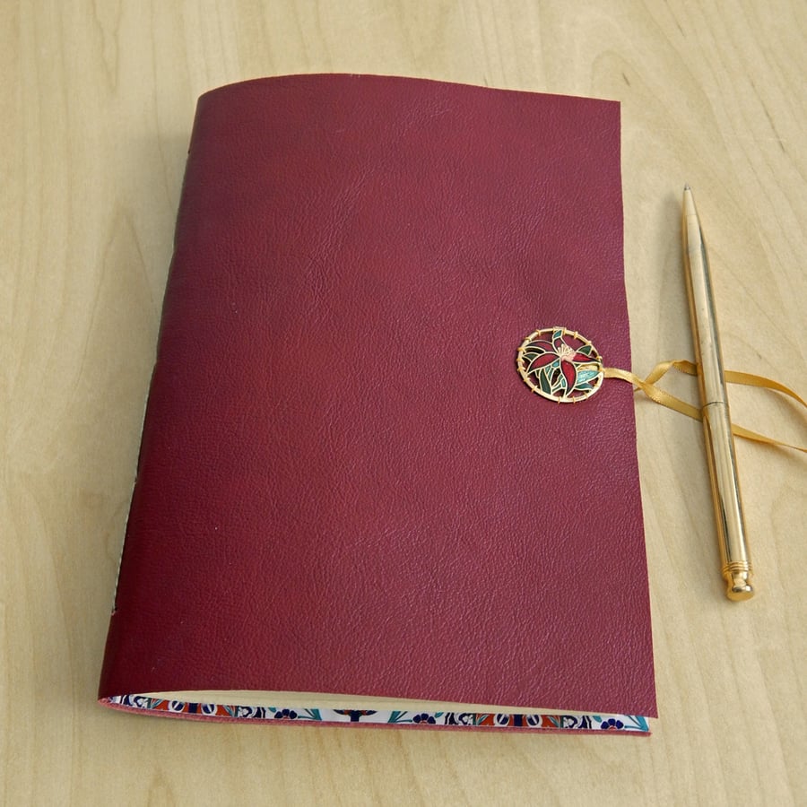 Leather Journal, Berry Red Leather Notebook with Art Nouveau Embellishment 