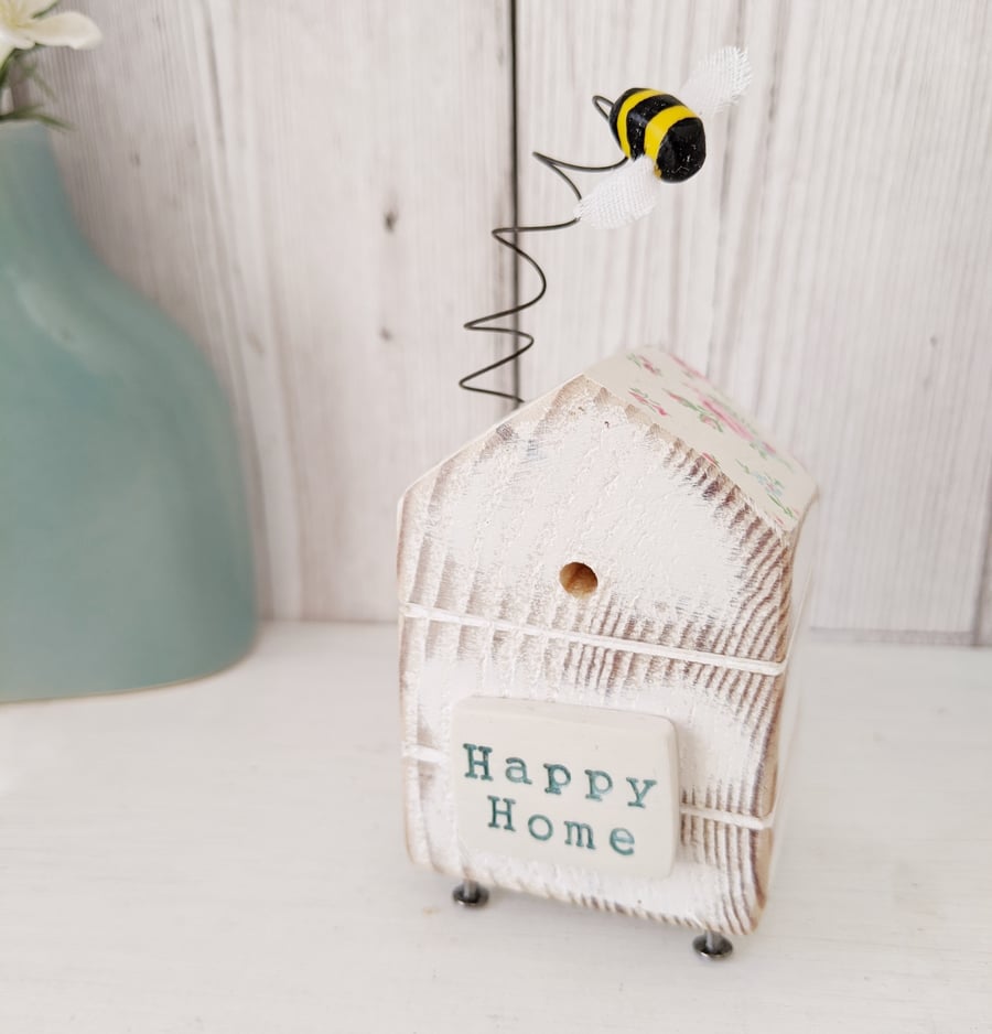 Wooden Beehive With Little Clay Bee 'Happy Home'
