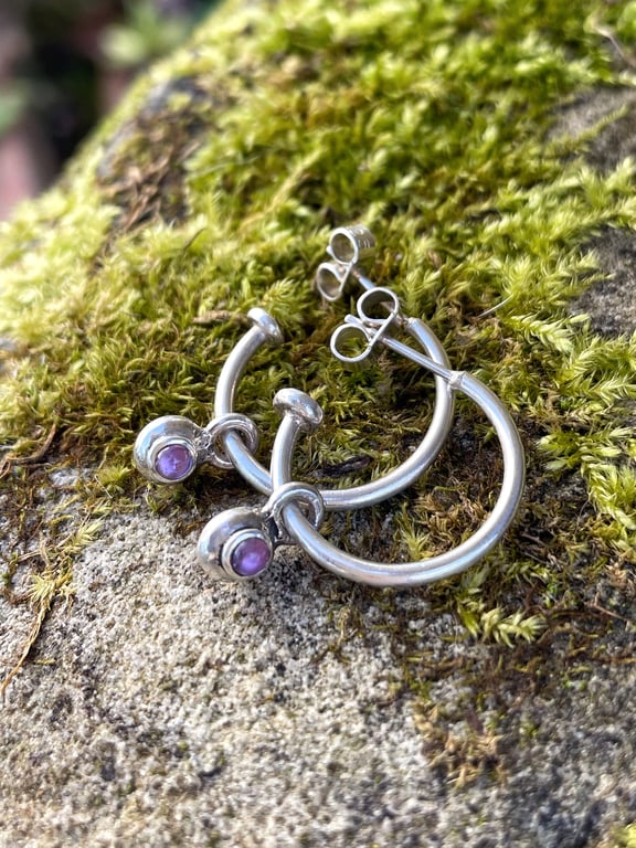 Silver and amethyst hoop earrings