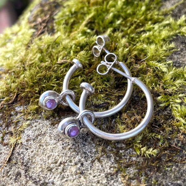 Silver and amethyst hoop earrings