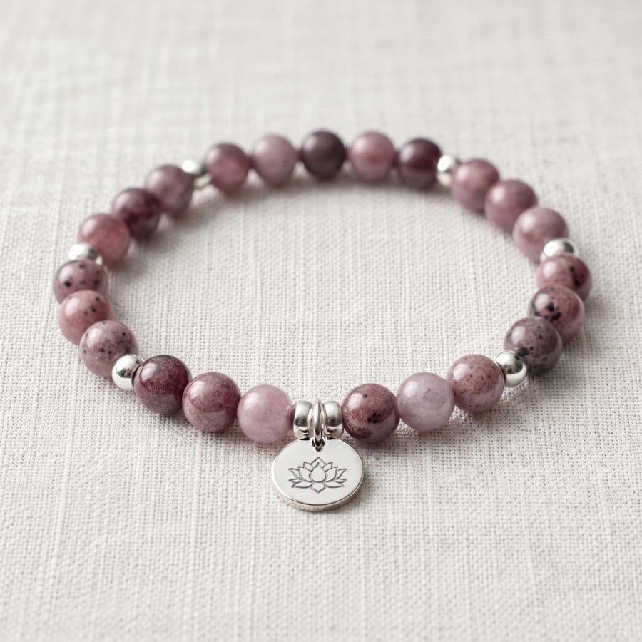 Lepidolite Crystal Bracelet, Anxiety Relief, Personalised Engraved Gift