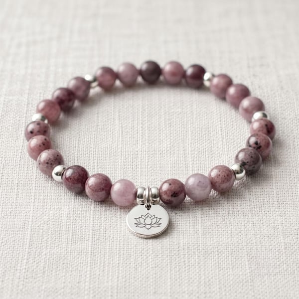 Lepidolite Crystal Bracelet, Anxiety Relief, Personalised Engraved Gift