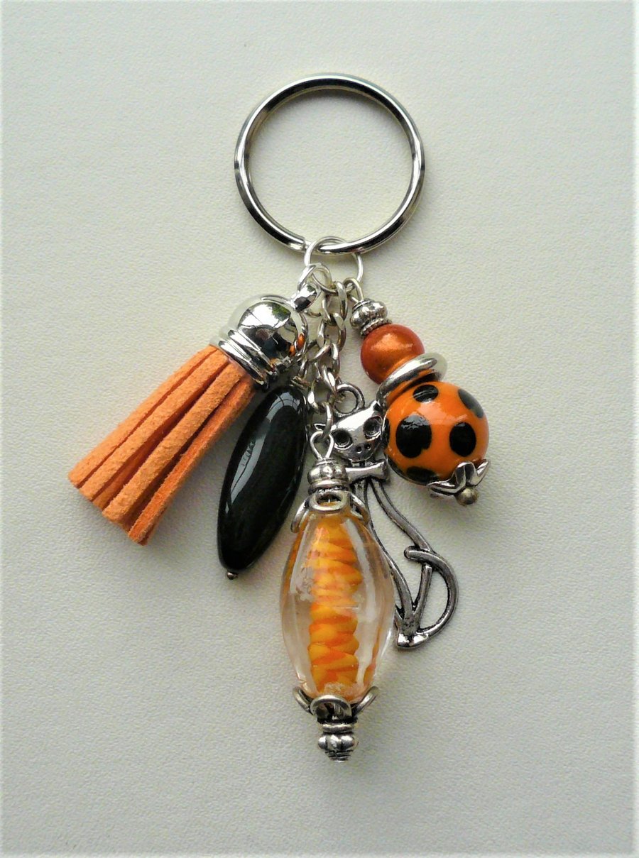 Orange and Black Mixed Bead Silver Cat Tassel Keyring Bag Charm  KCJ933