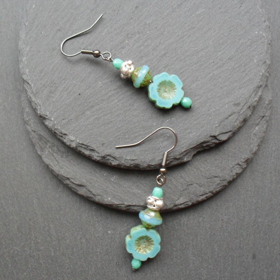 Turquoise Czech Glass drop Earrings Gunmetal Tone