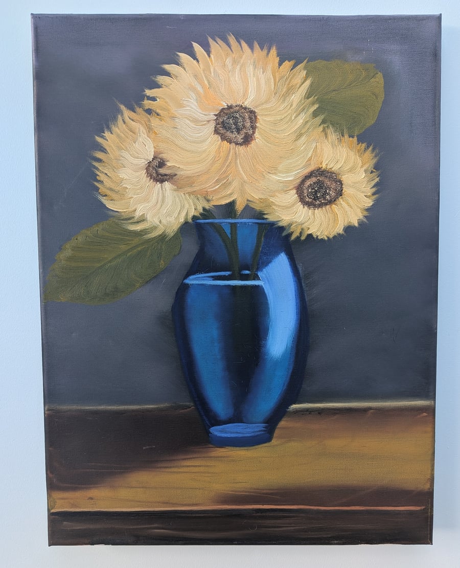 Sunflowers in blue clear vase, Original Oil Painting