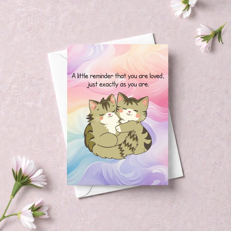 Wholesome Cat Hug Greeting Card, Kawaii Illustration, Thinking of You, Self Care